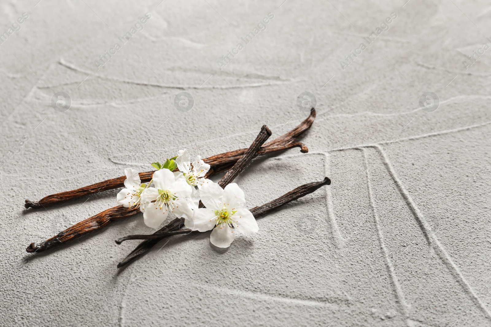 Photo of Vanilla sticks and flowers on light background