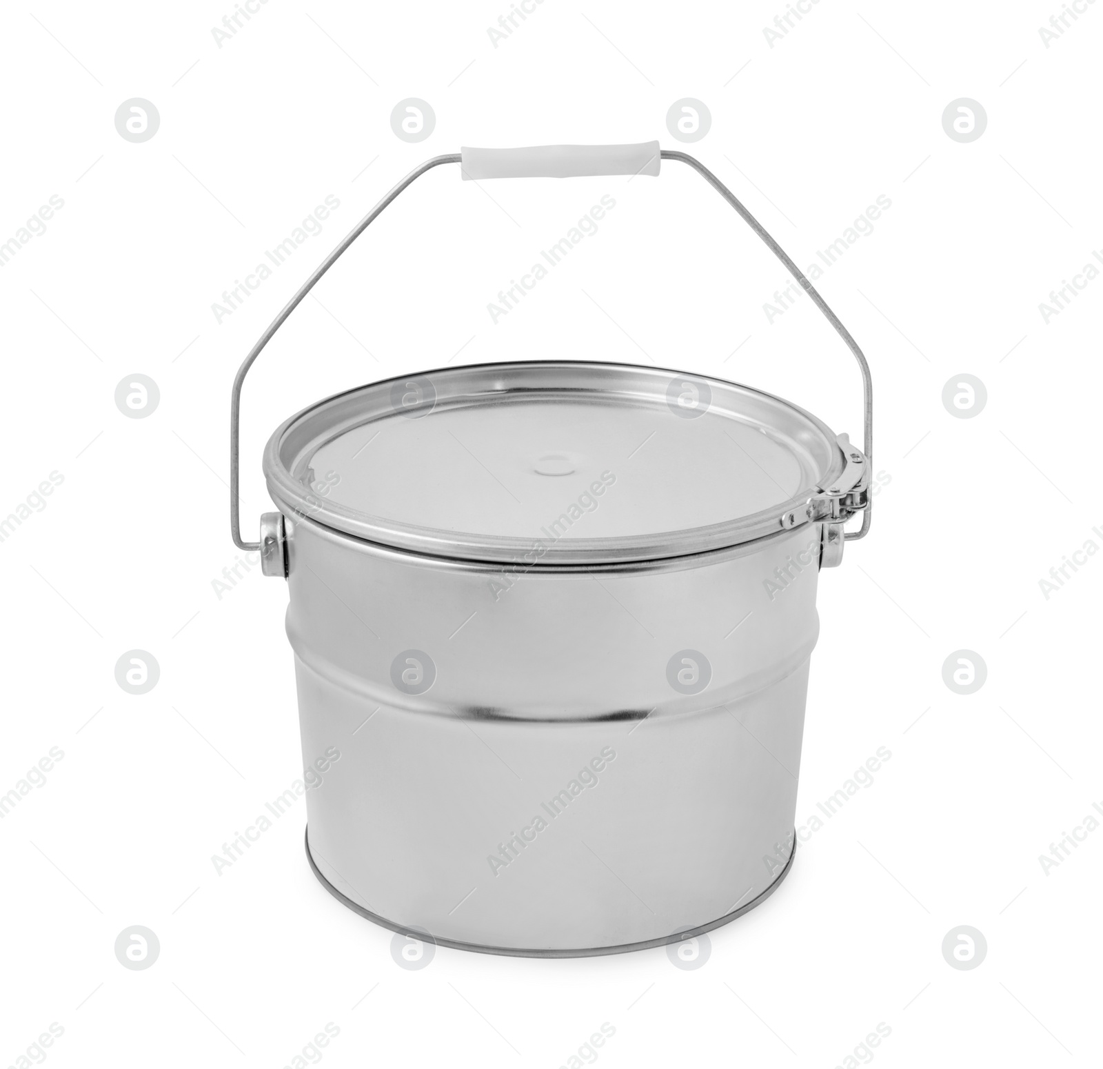 Photo of New metal paint bucket isolated on white