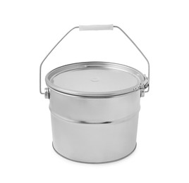 Photo of New metal paint bucket isolated on white