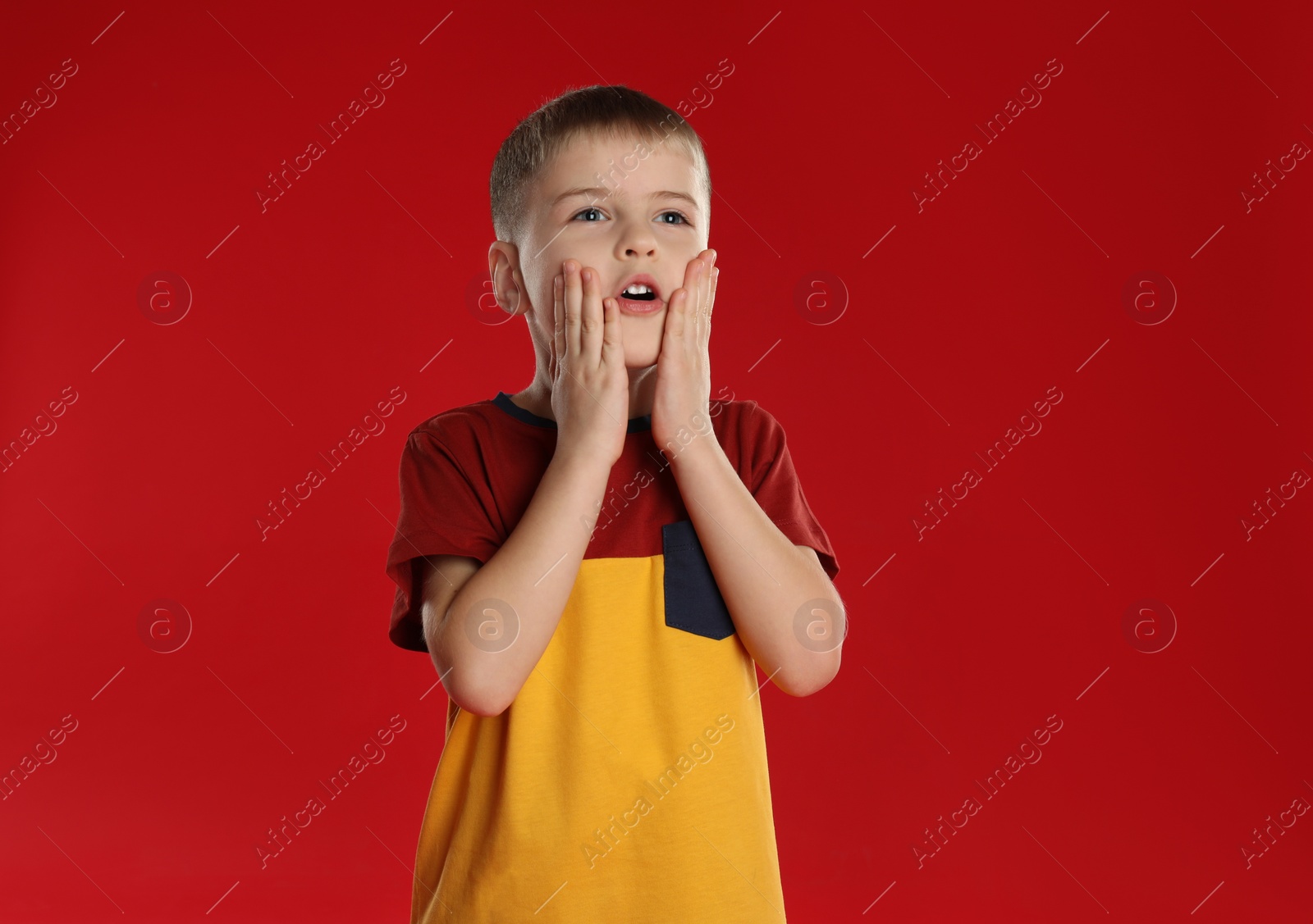 Photo of Portrait of surprised little boy on red background