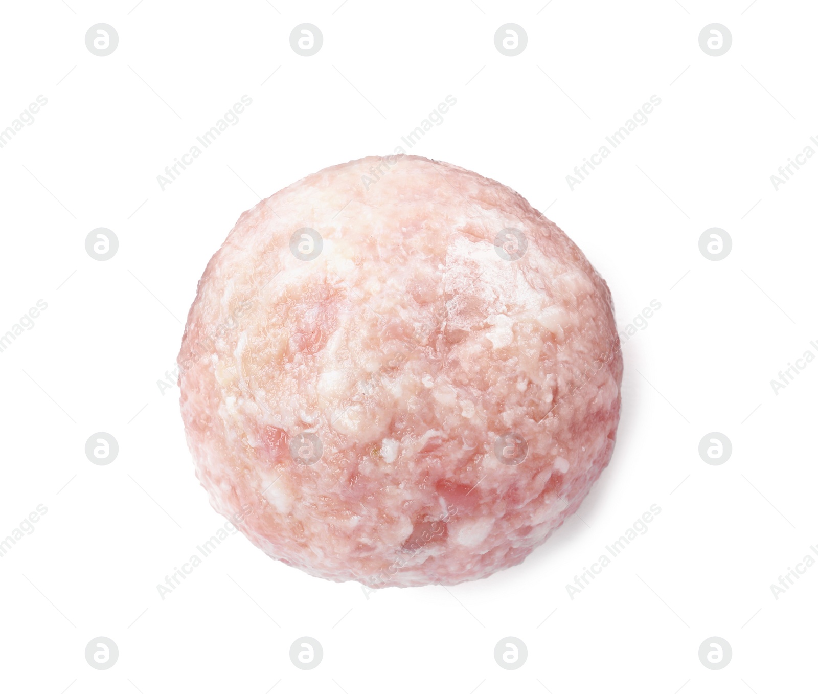 Photo of One fresh raw meatball isolated on white, top view