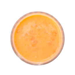 Photo of Glass with delicious detox smoothie on white background, top view