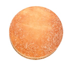 Photo of One tasty sponge cake isolated on white, top view