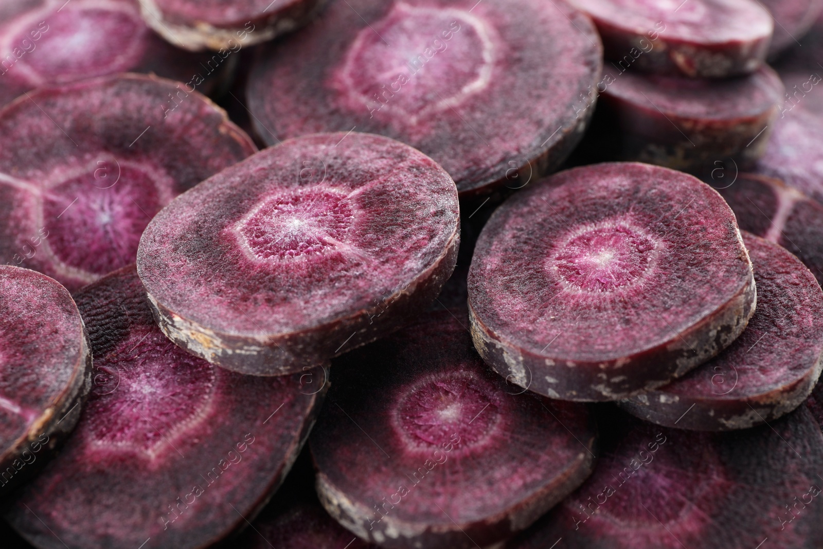 Photo of Slices of raw purple carrot as background, closeup