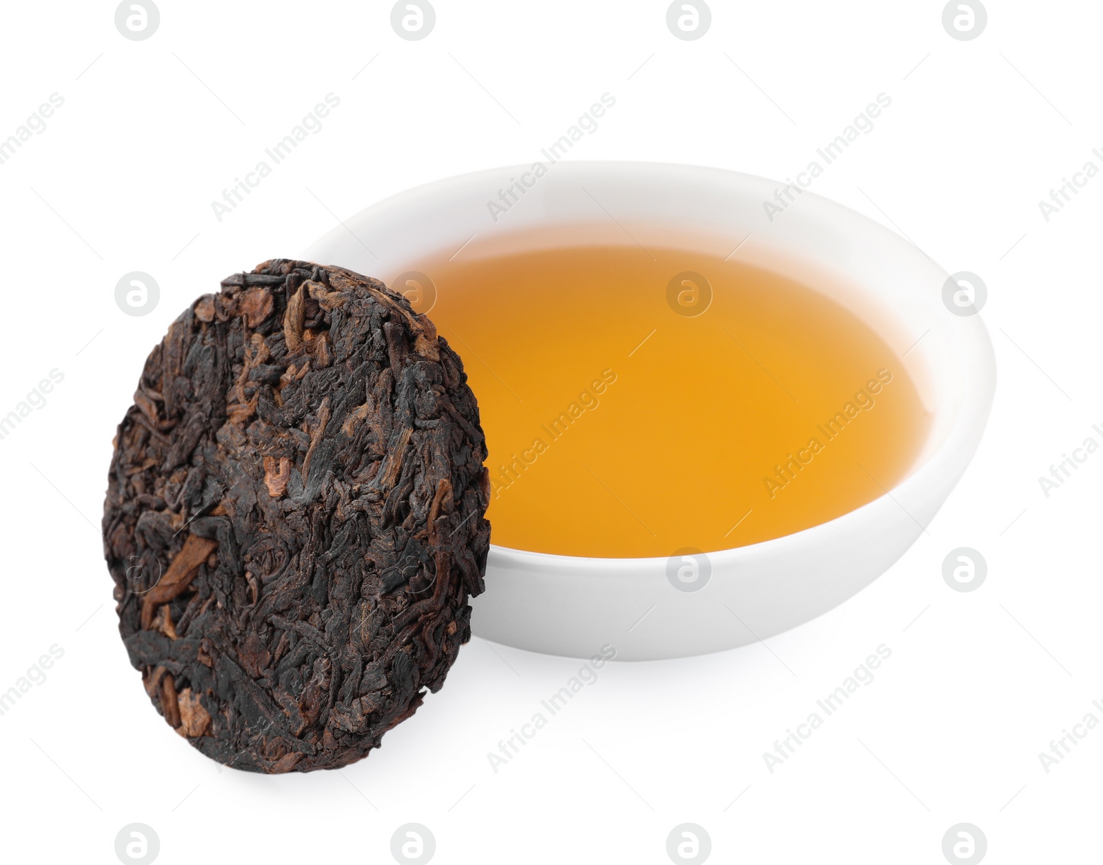 Photo of Traditional Chinese pu-erh tea and freshly brewed beverage isolated on white