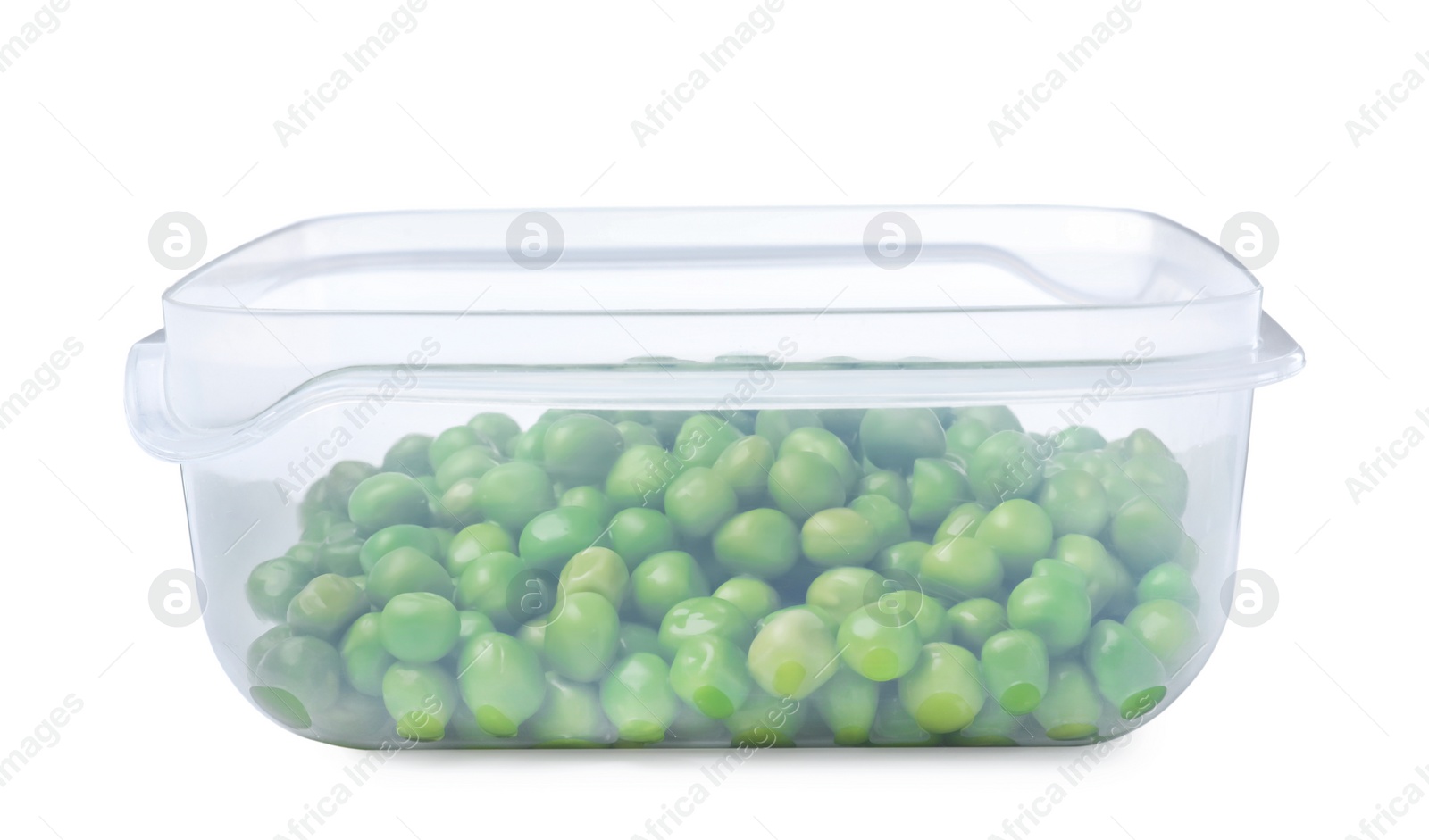 Photo of Fresh peas in plastic container isolated on white