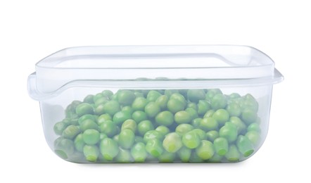 Photo of Fresh peas in plastic container isolated on white