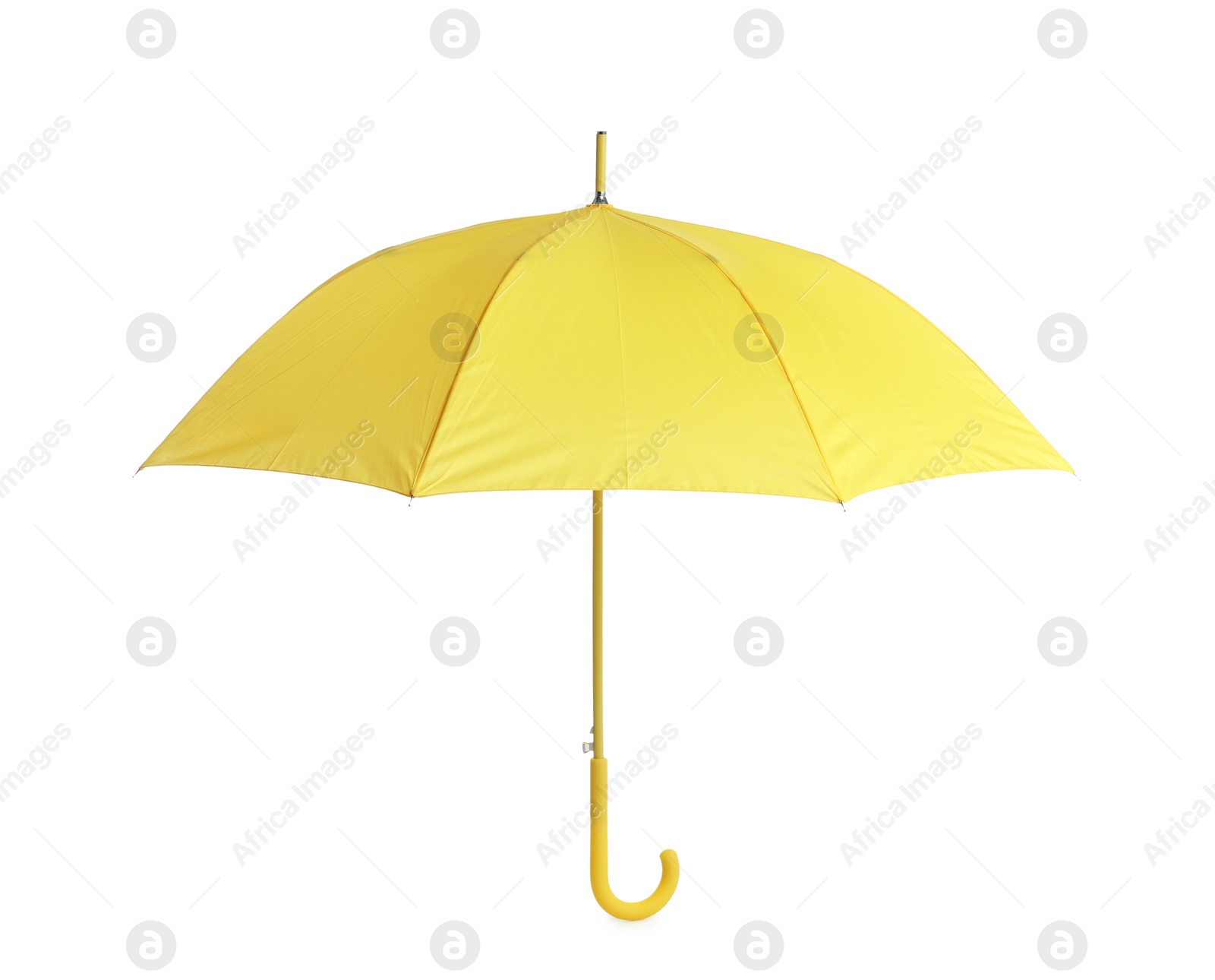Photo of Stylish open yellow umbrella isolated on white