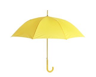 Stylish open yellow umbrella isolated on white