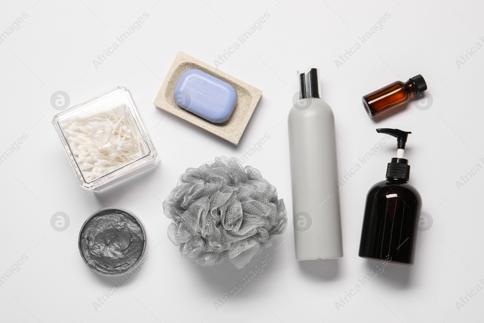 Photo of Bath accessories. Different personal care products on white background, flat lay