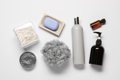Bath accessories. Different personal care products on white background, flat lay