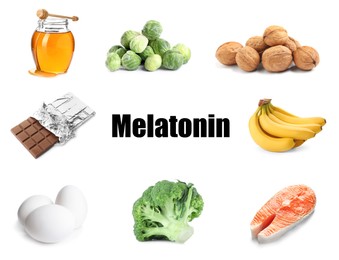 Image of Different foods rich in melatonin that can help you sleep. Different tasty products on white background