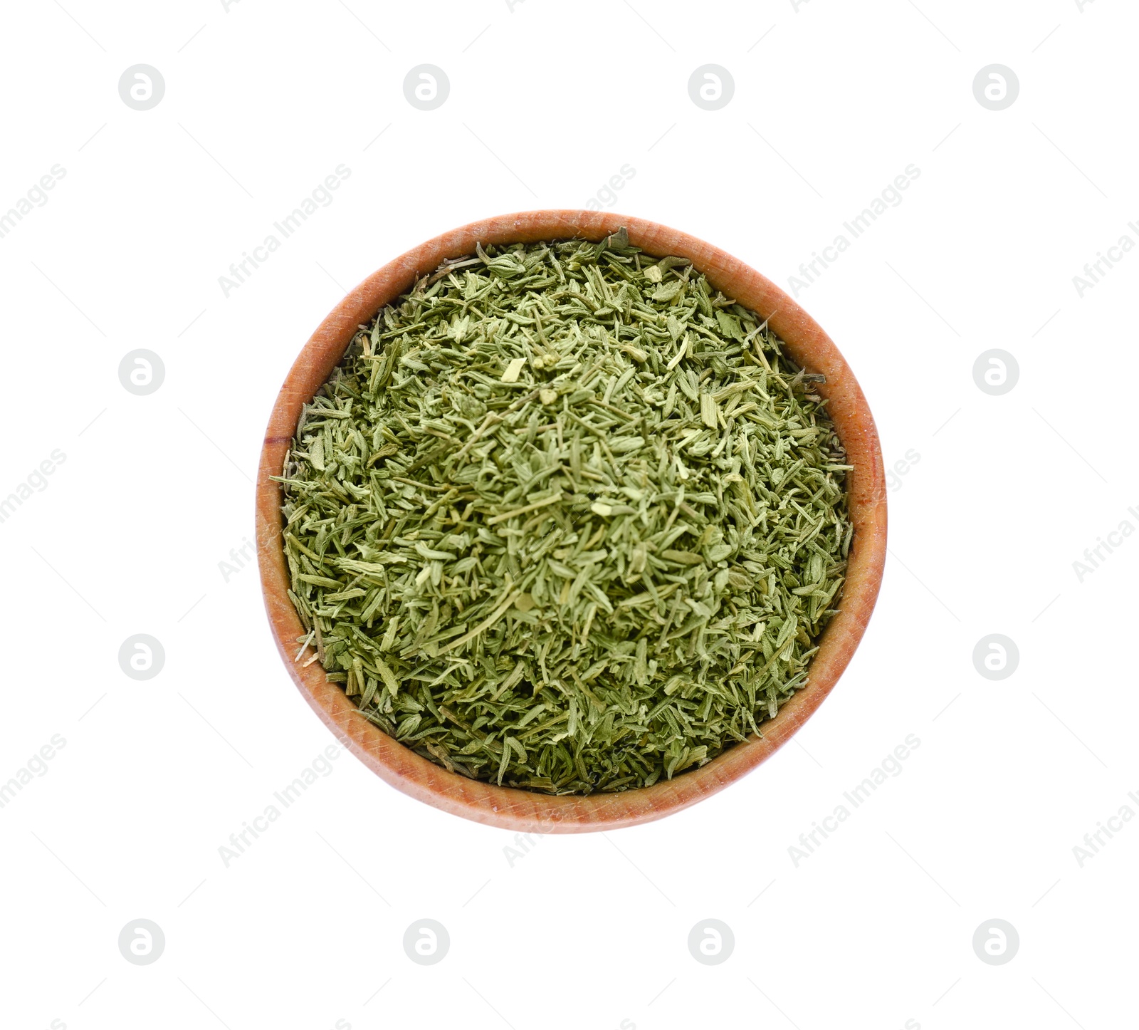 Photo of Bowl of dried thyme isolated on white, top view