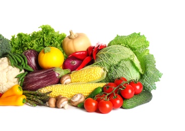 Photo of Pile of different fresh vegetables on white background