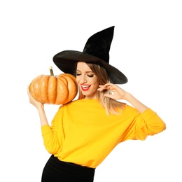 Photo of Beautiful woman wearing witch costume with pumpkin for Halloween party on white background