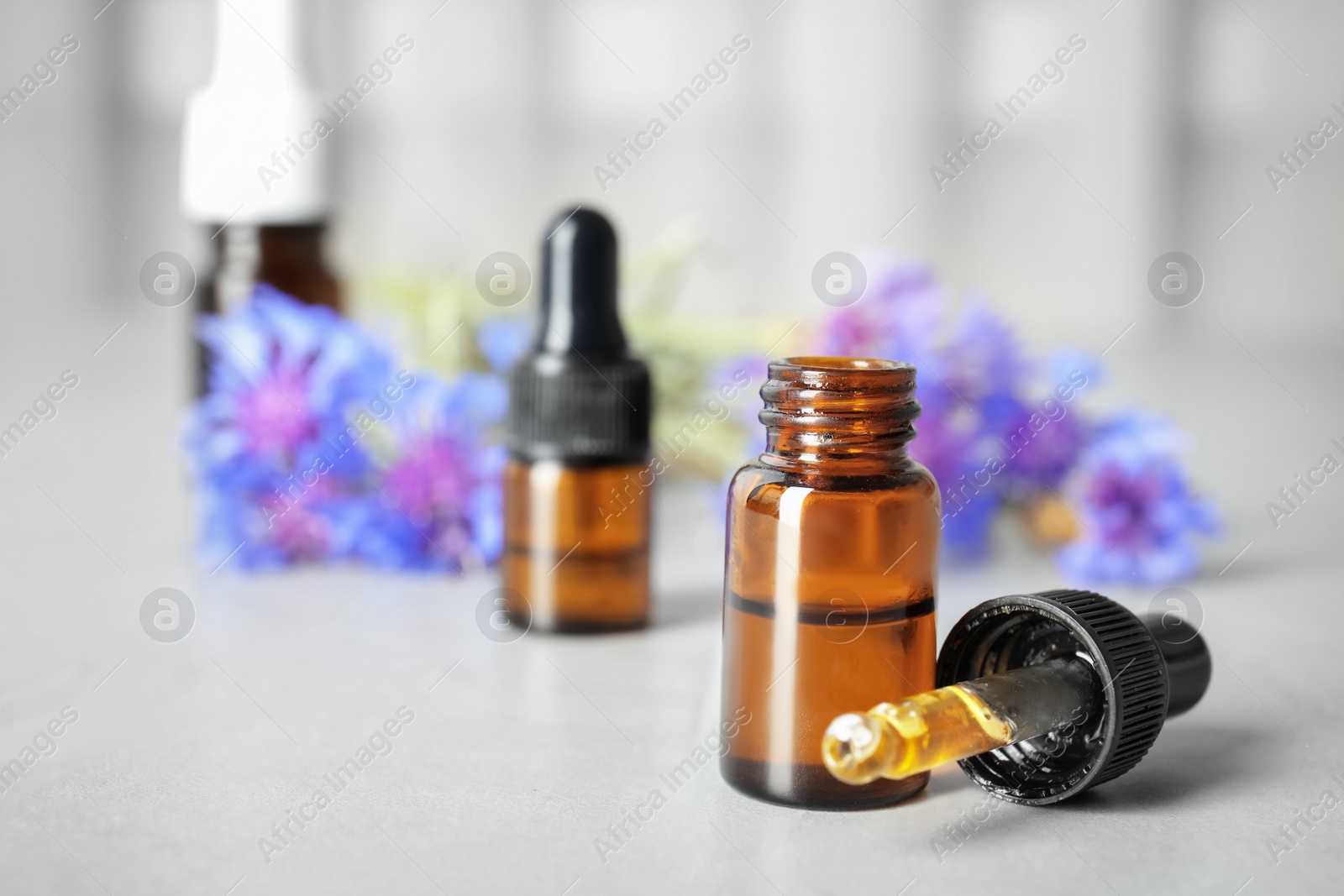 Photo of Composition with essential oil and flowers on table