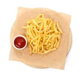 Tasty french fries with ketchup isolated on white, top view