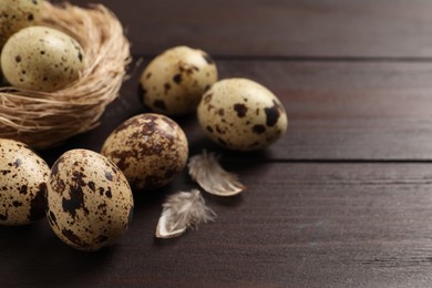 Photo of Quail eggs and feathers near nest on wooden table, closeup. Space for text