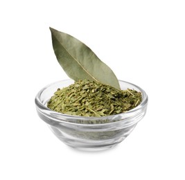 Photo of Whole and ground aromatic bay leaves on white background