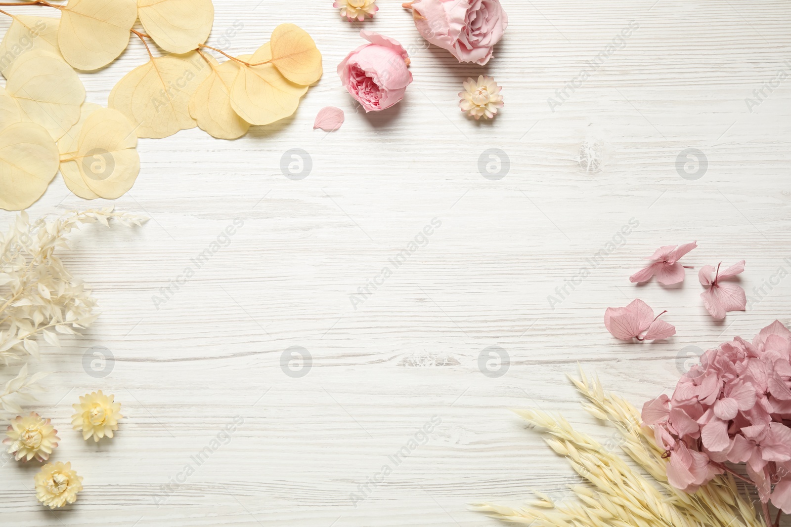 Photo of Flat lay composition with beautiful fresh and dry flowers on white wooden background. Space for text