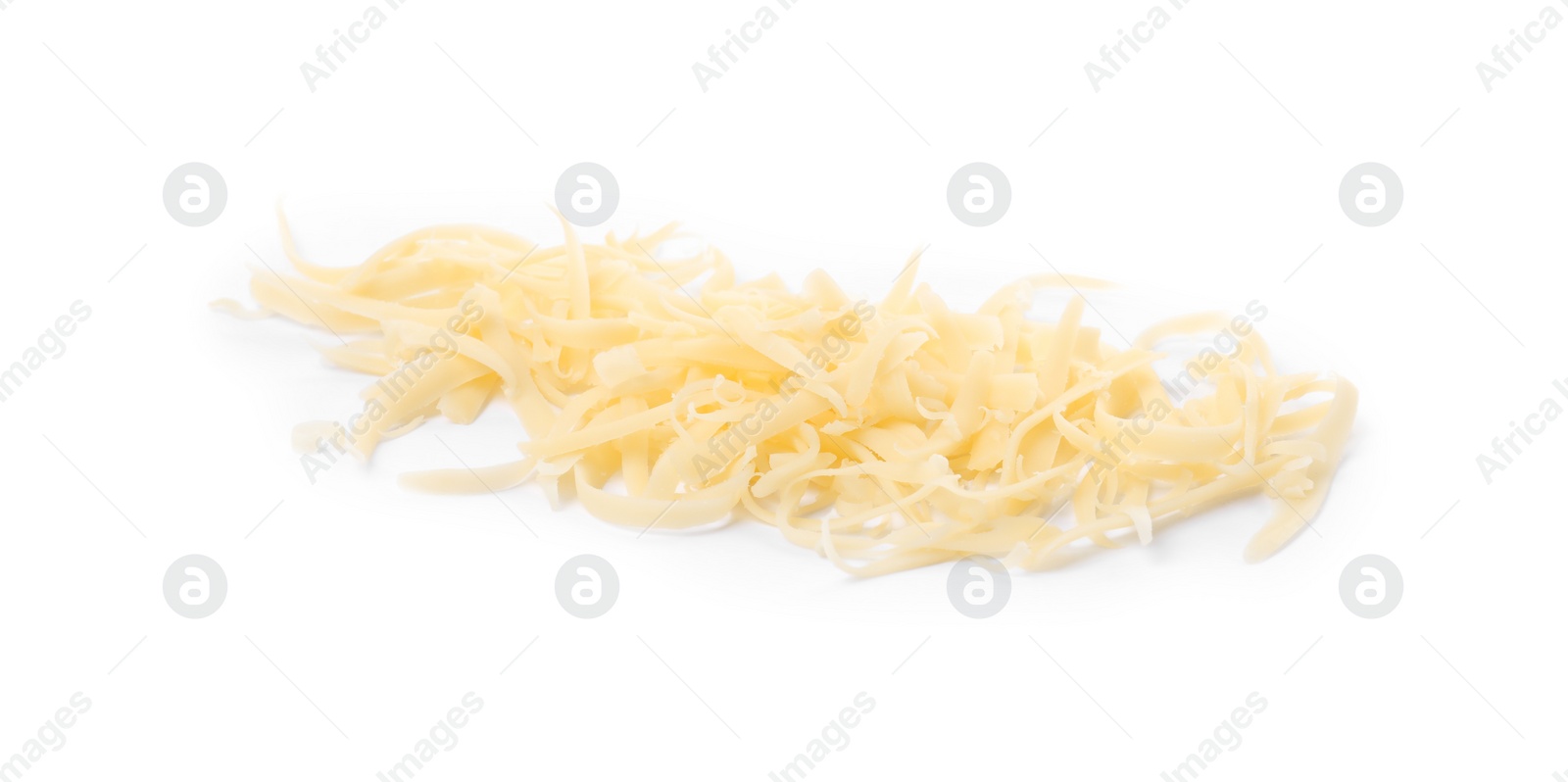 Photo of Pile of tasty grated cheese isolated on white