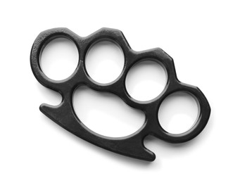 Photo of Black brass knuckles isolated on white, top view