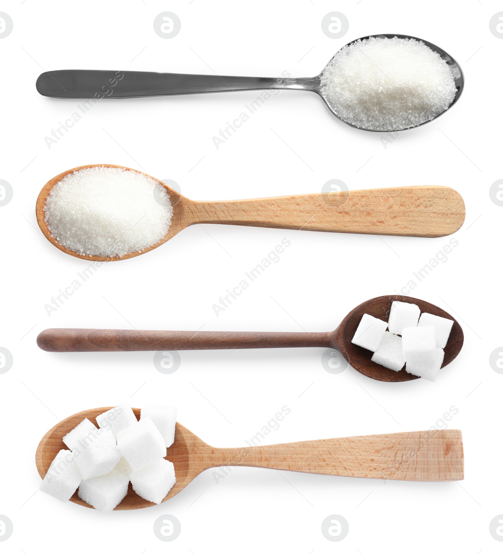 Image of Set with refined sugar on white background, top view