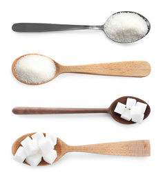 Image of Set with refined sugar on white background, top view