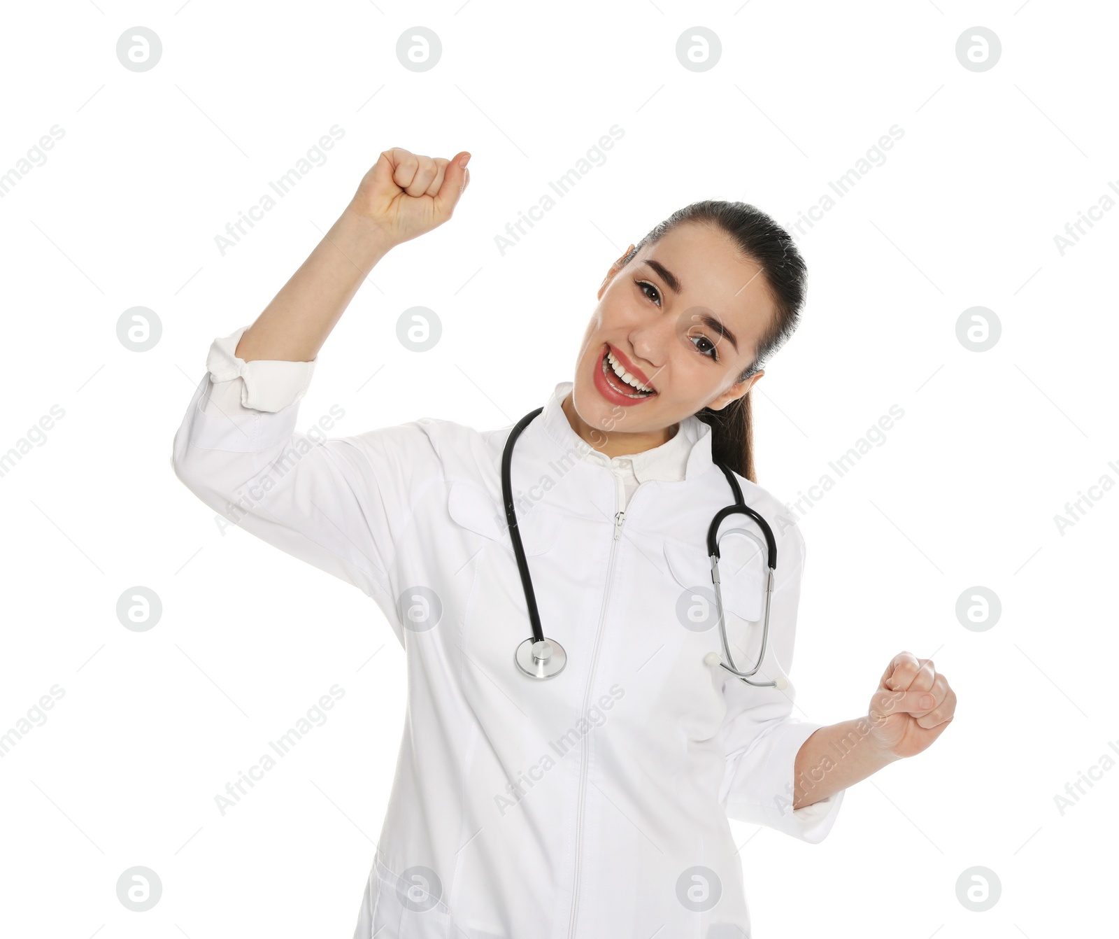 Photo of Portrait of emotional medical doctor with stethoscope isolated on white