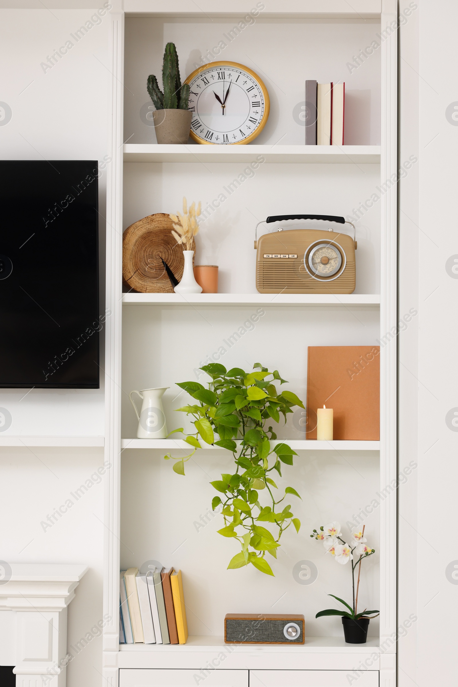 Photo of Spring atmosphere. Shelves with stylish accessories, potted plant and orchid indoors