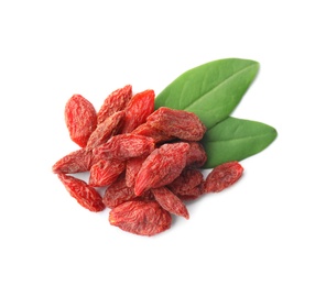 Photo of Pile of dried goji berries and leaves on white background