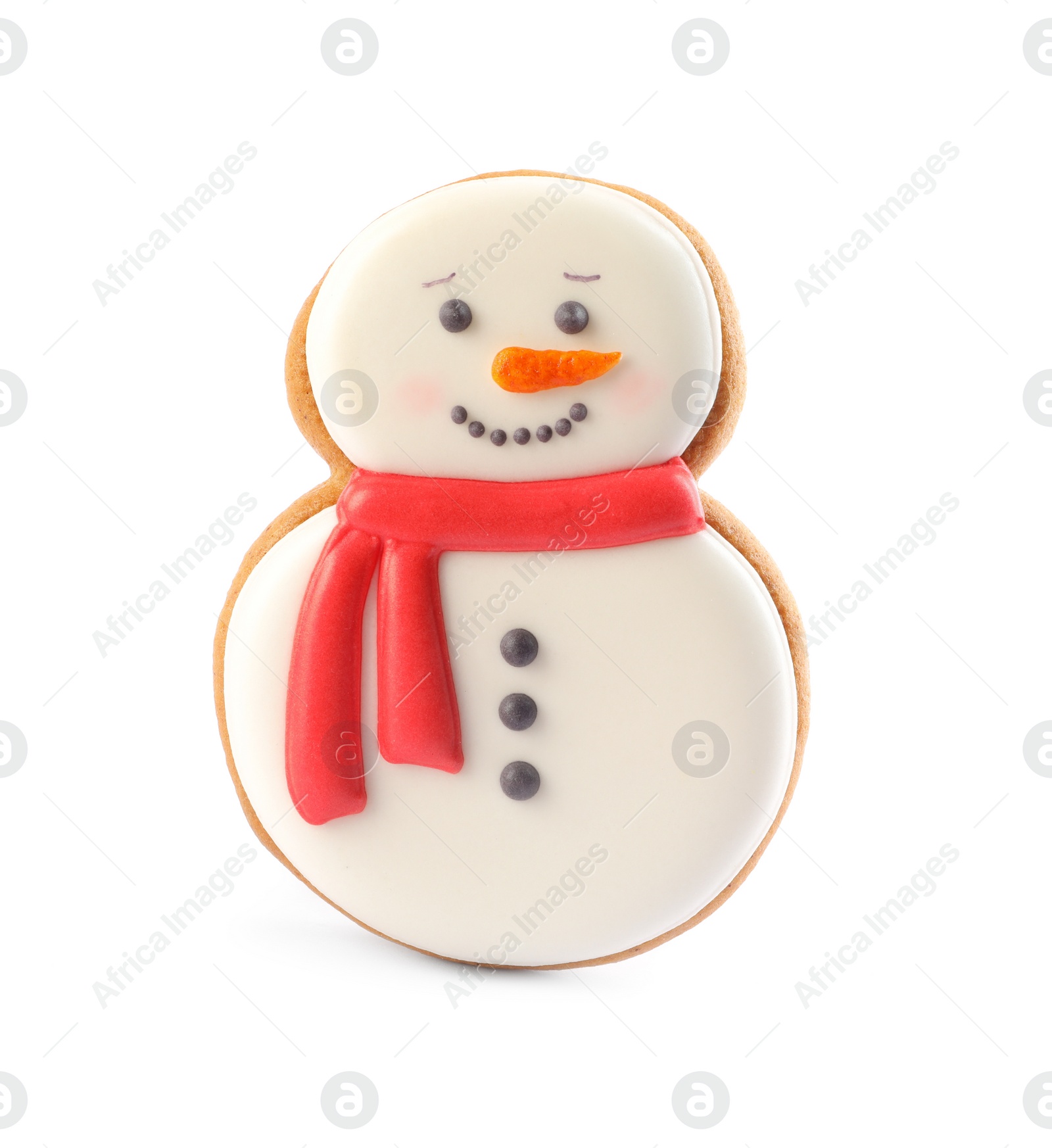 Photo of Snowman shaped Christmas cookie isolated on white