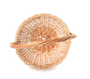 Photo of Decorative wicker basket with handle isolated on white