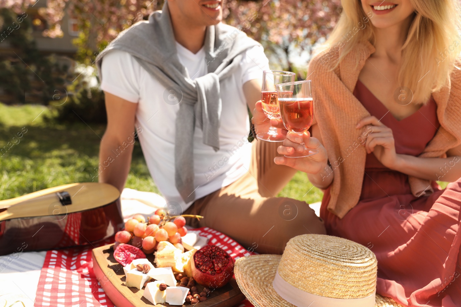 Photo of Happy couple having picnic in park on sunny day, closeup