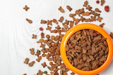 Bowl with food for cat or dog on wooden background. Pet care