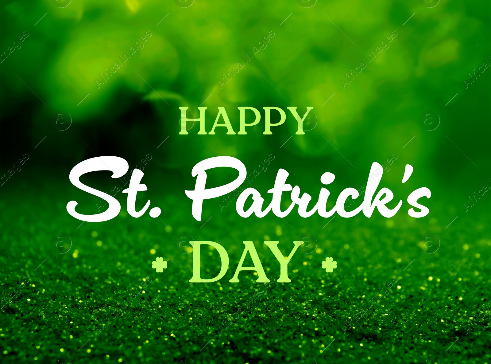 Image of Happy St. Patrick's day card. Text on green background with bokeh effect