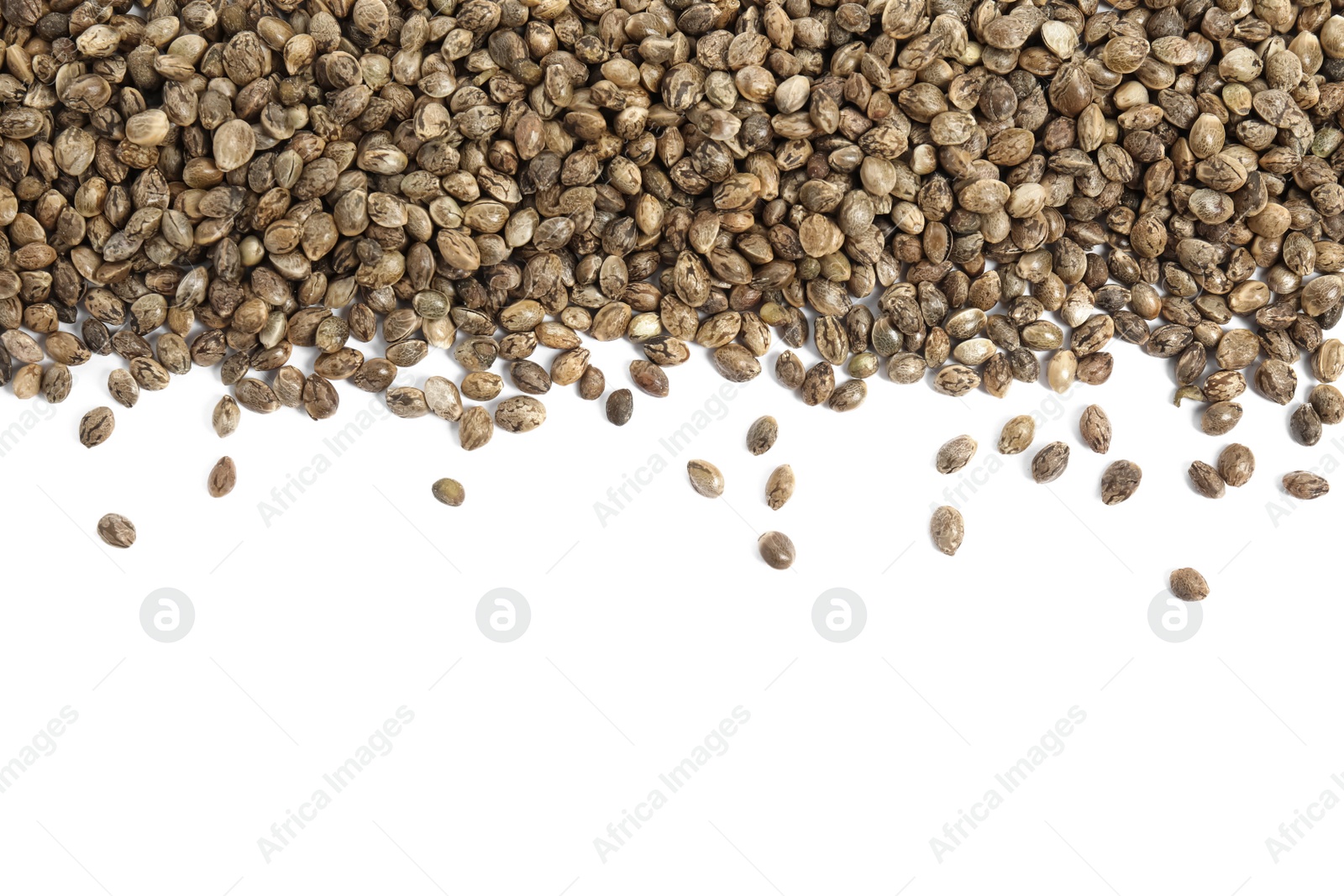 Photo of Hemp seeds on white background, top view