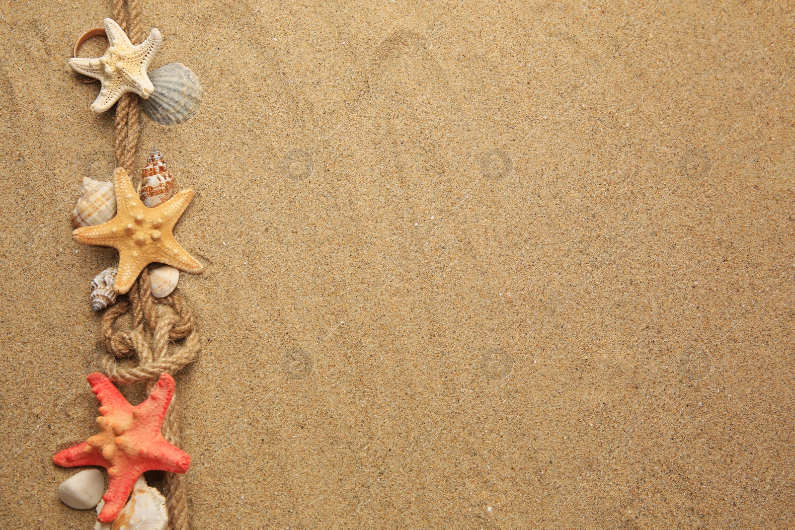 Photo of Beautiful sea stars, shells and ropes on sand, flat lay. Space for text