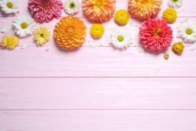 Photo of Flat lay composition with beautiful dahlia flowers and space for design on pink wooden background