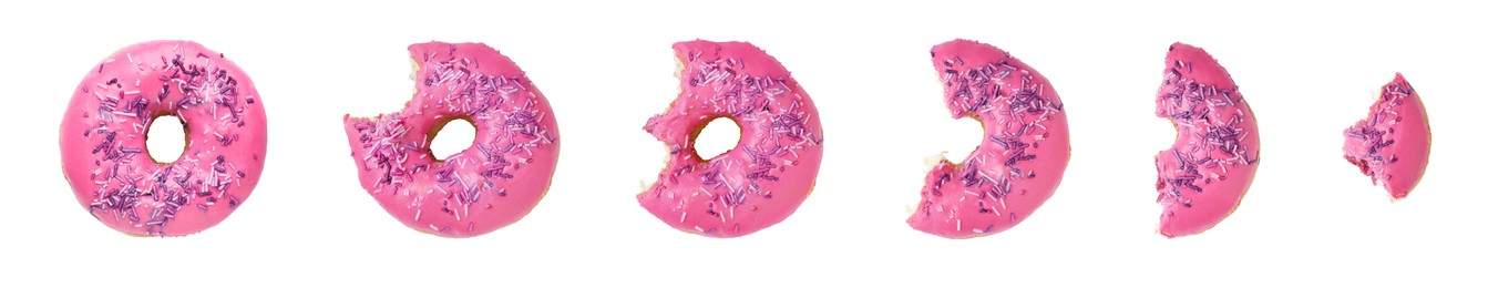 Eating tasty donut. Collage with pieces of dessert isolated on white