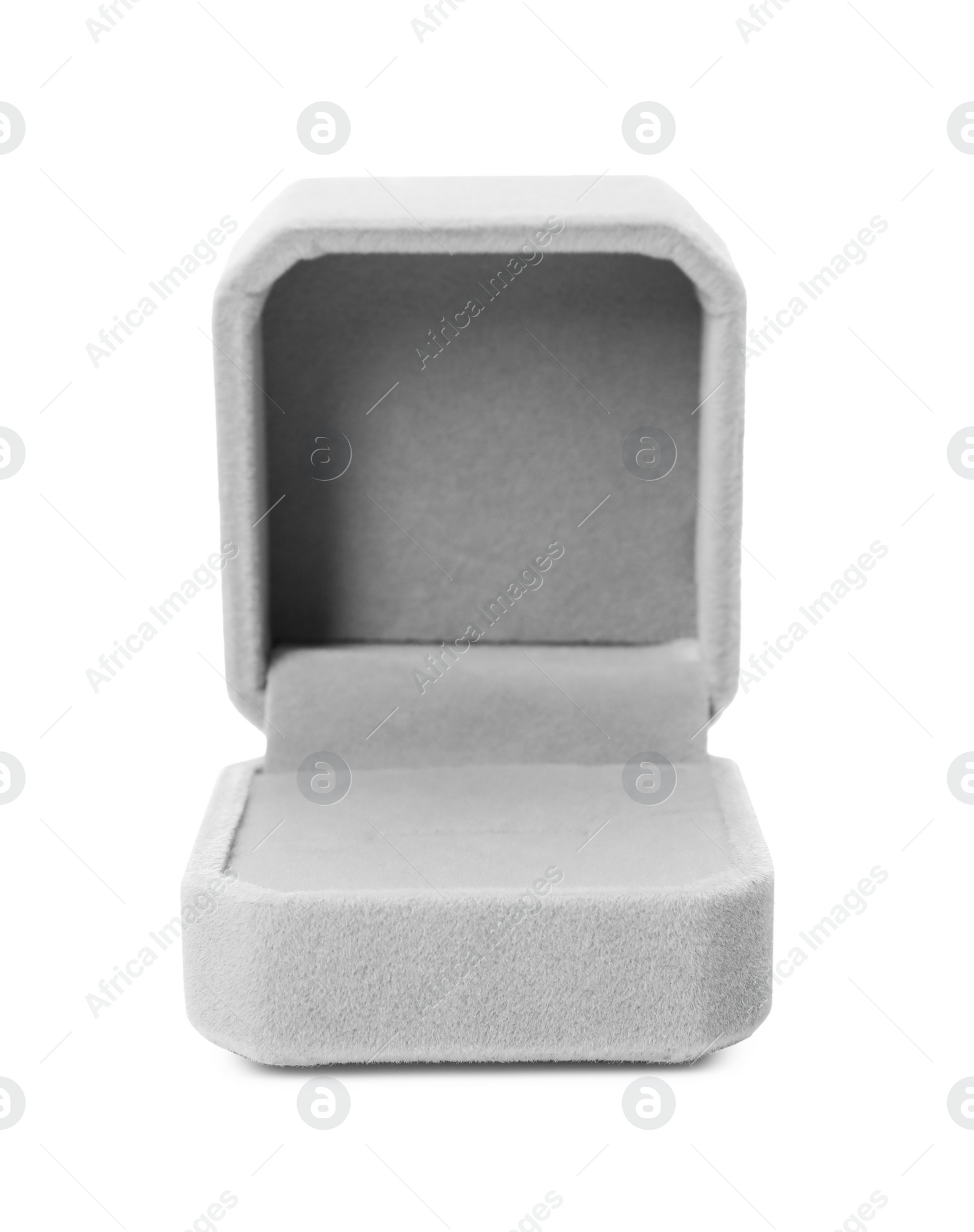 Photo of Open light grey ring box isolated on white