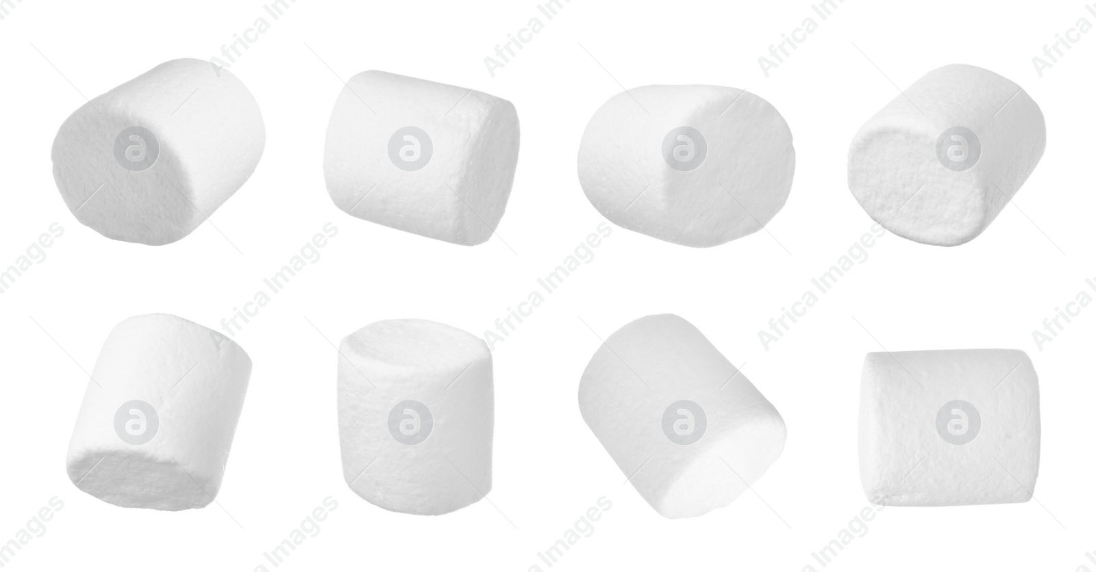 Image of Set with delicious sweet puffy marshmallows on white background. Banner design