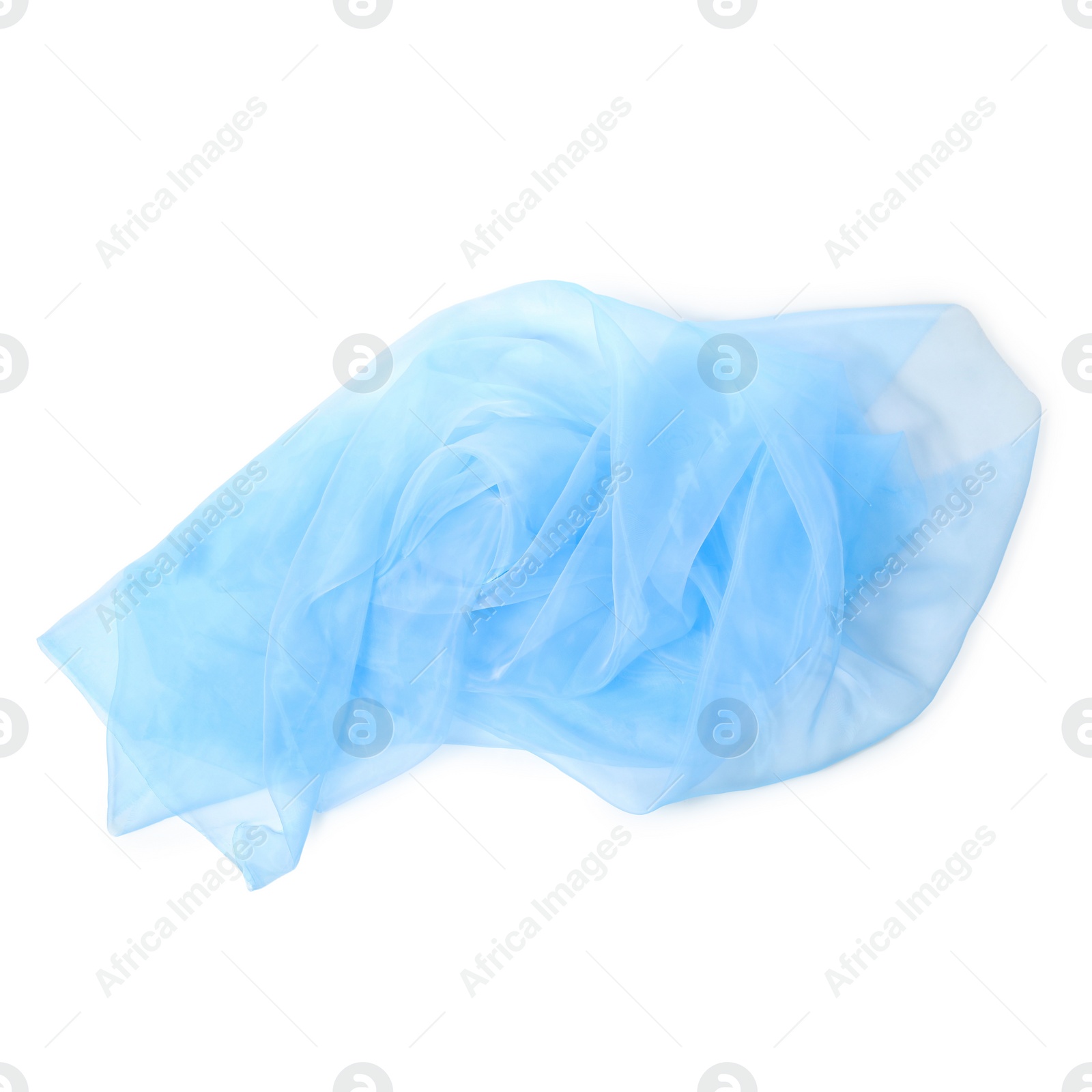 Photo of Beautiful light blue tulle fabric on white background, top view