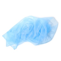 Photo of Beautiful light blue tulle fabric on white background, top view