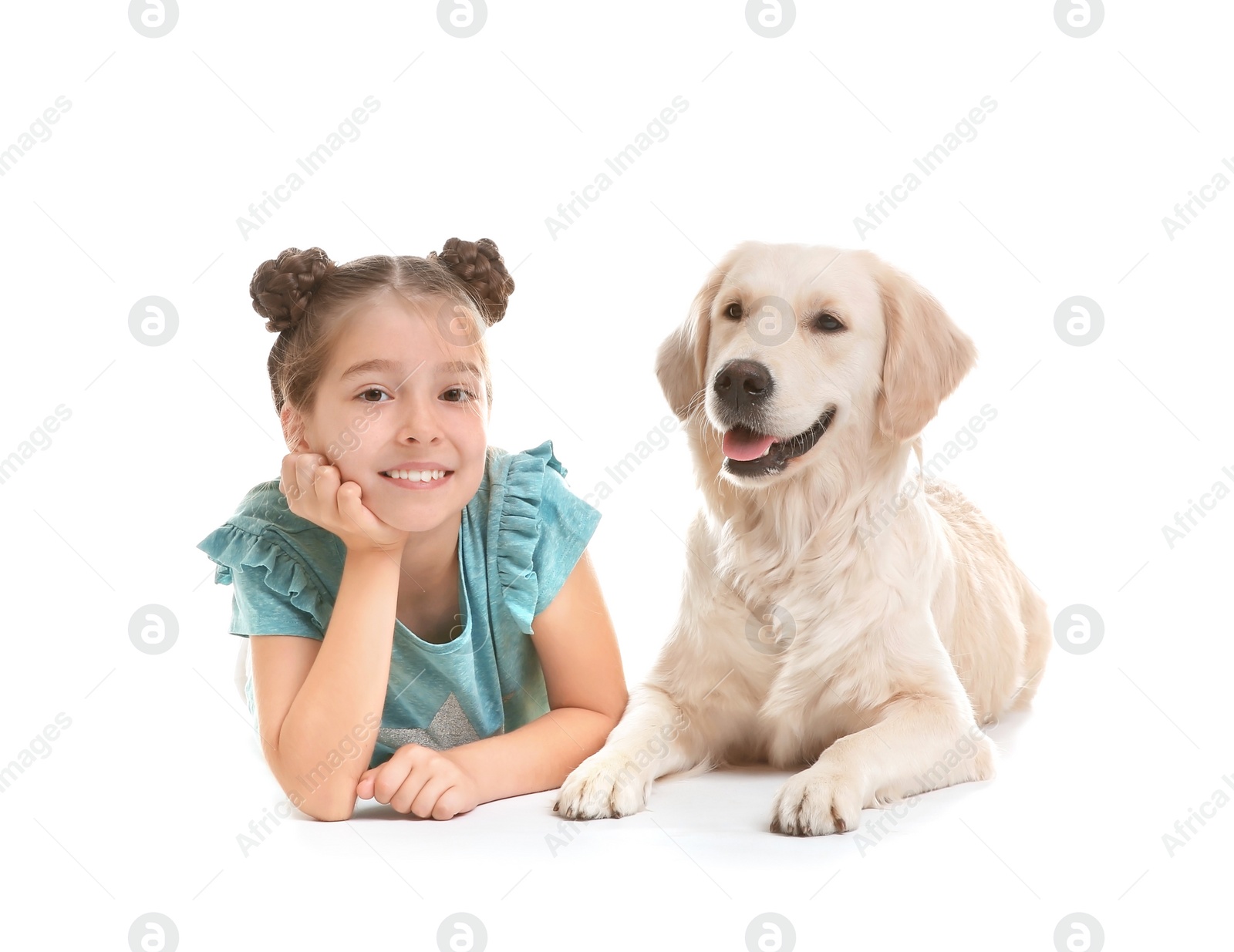 Photo of Cute little child with her pet on white background