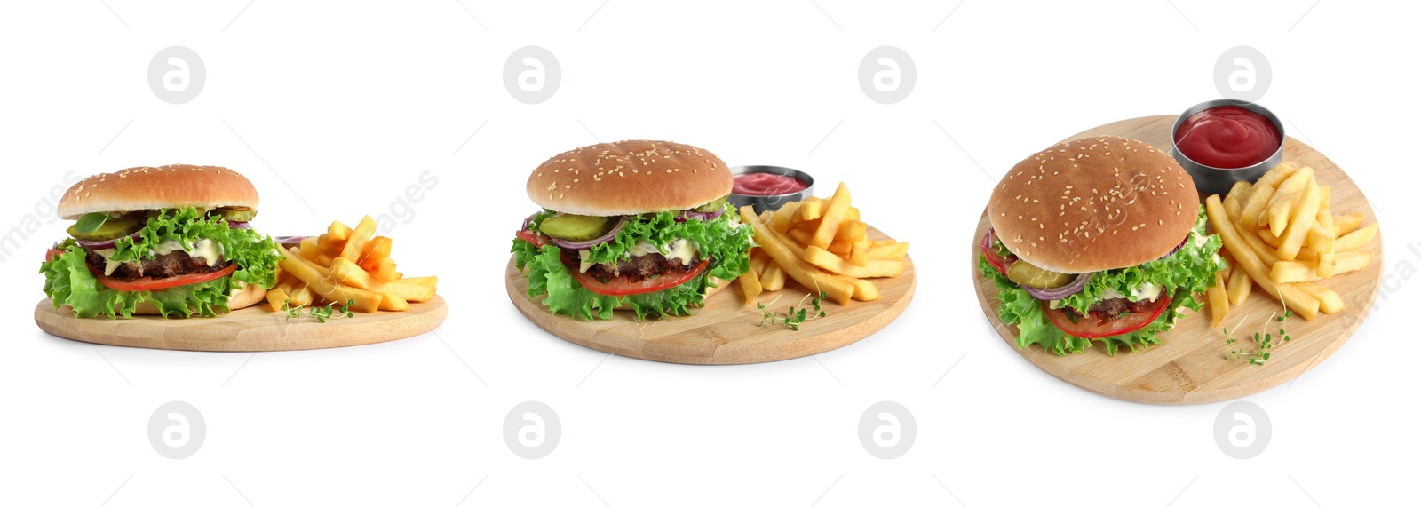 Image of Collage with delicious burger and French fries on white background