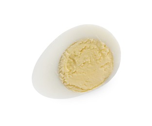 Photo of Half of peeled hard boiled quail egg on white background, top view