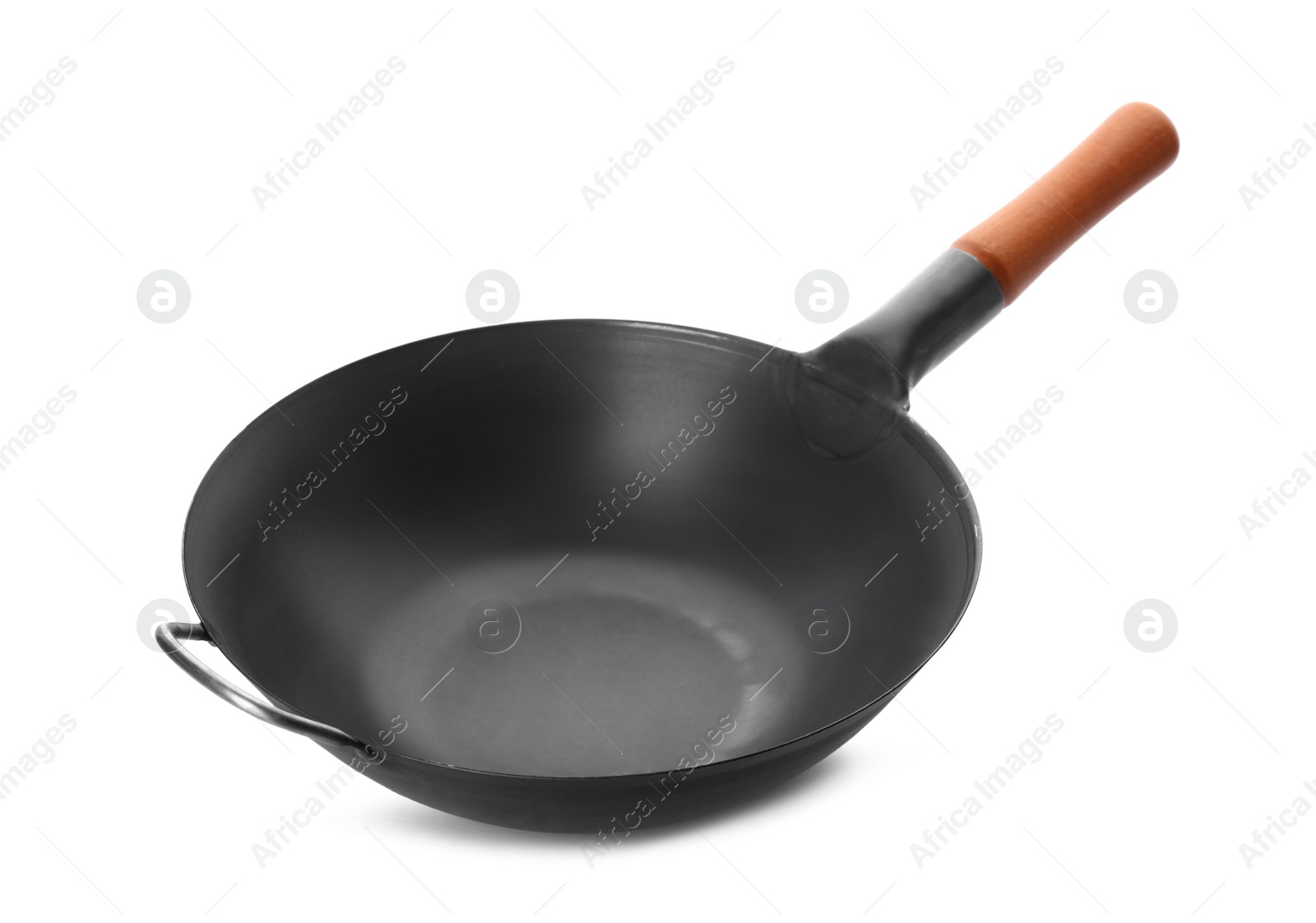 Photo of Empty iron wok isolated on white. Chinese cookware