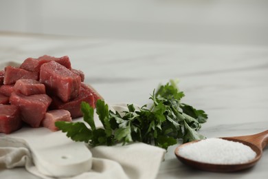 Photo of Raw beef meat with parsley and salt on white table against blurred background, closeup