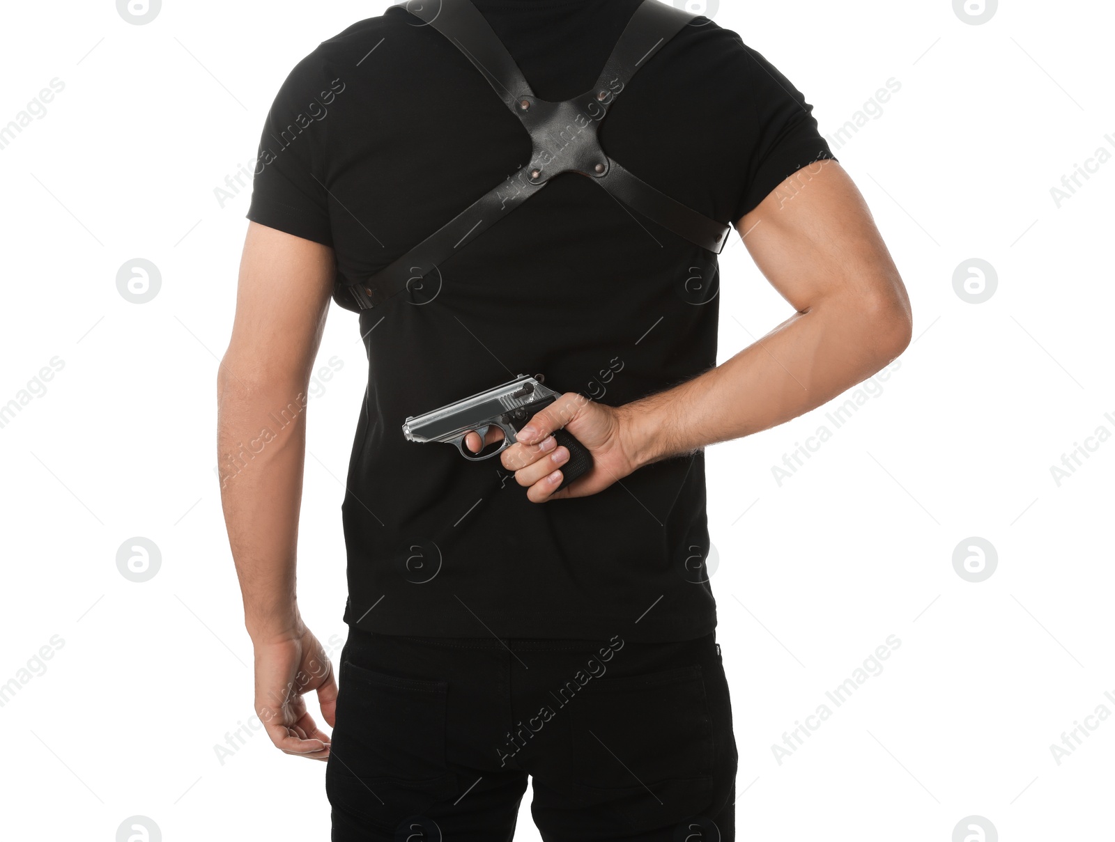 Photo of Professional killer with gun on white background, closeup